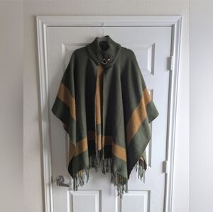 Anthropologie One Size Fringe Funnel Neck Poncho Moss Green & Mustard